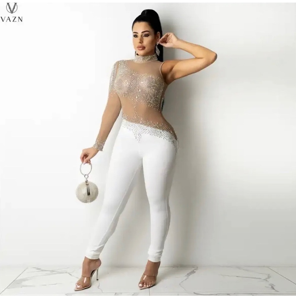 sheer white sparkly jumpsuit